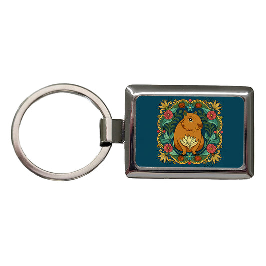Capybara Floral Art Nouveau Flowers Elegant Rectangle Metal Keychain