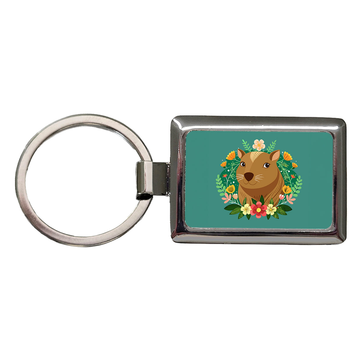 Capybara Head Floral Flowers Rectangle Metal Keychain