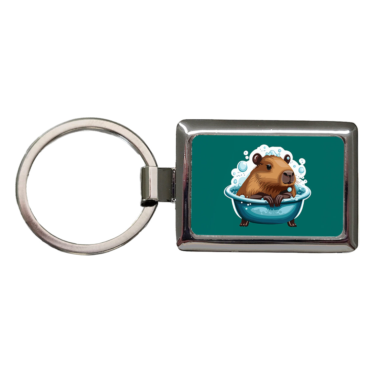 Capybara in Bubble Bath Bathing Funny Rectangle Metal Keychain
