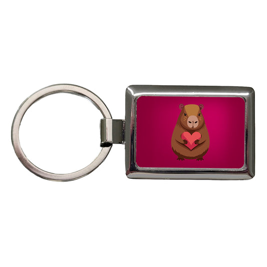 Capybara Love Holding Heart Valentines Day Anniversary Rectangle Metal Keychain