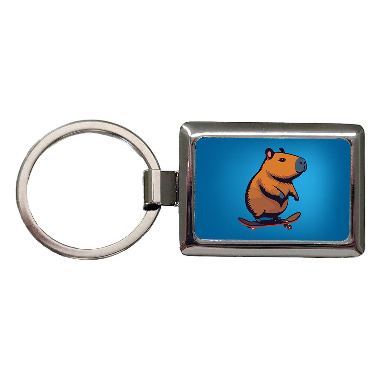 Capybara Riding Skateboard Skater Funny Rectangle Metal Keychain