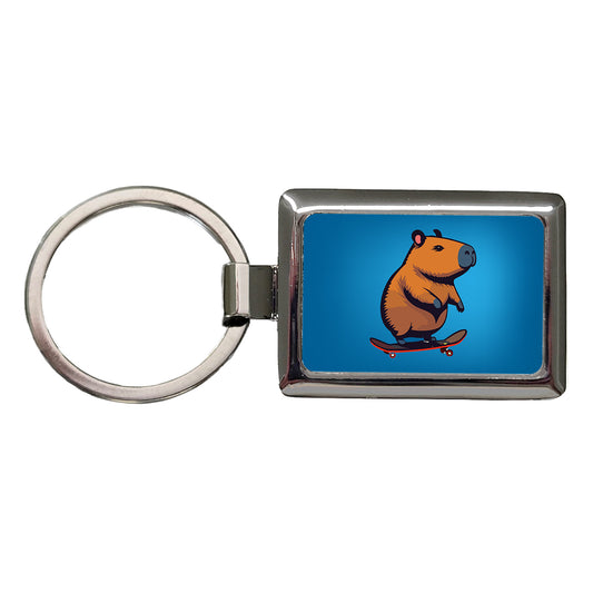 Capybara Riding Skateboard Skater Funny Rectangle Metal Keychain