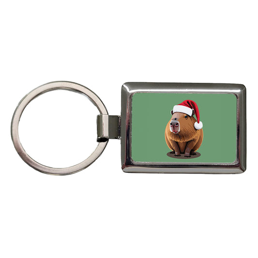 Capybara Santa Hat Christmas Rectangle Metal Keychain