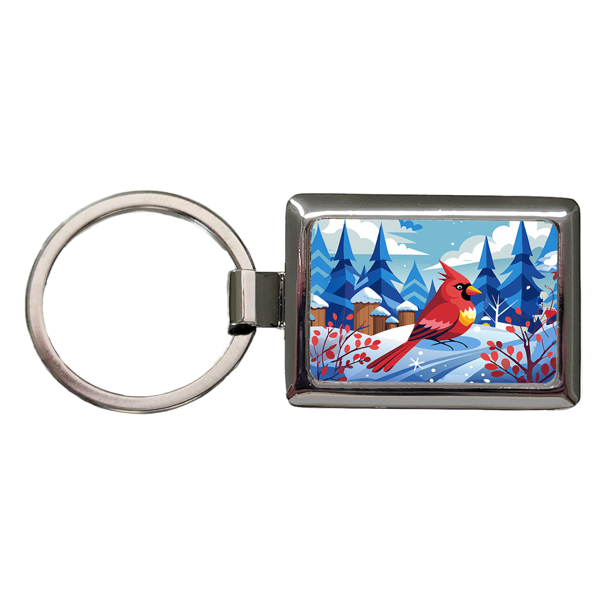Cardinal in Winter Snow Scene Rectangle Metal Keychain