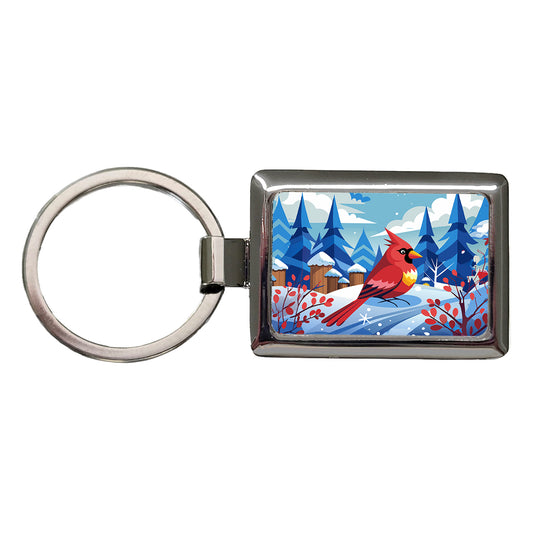 Cardinal in Winter Snow Scene Rectangle Metal Keychain