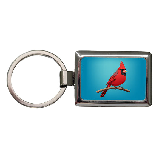 Cardinal Red on Branch Rectangle Metal Keychain