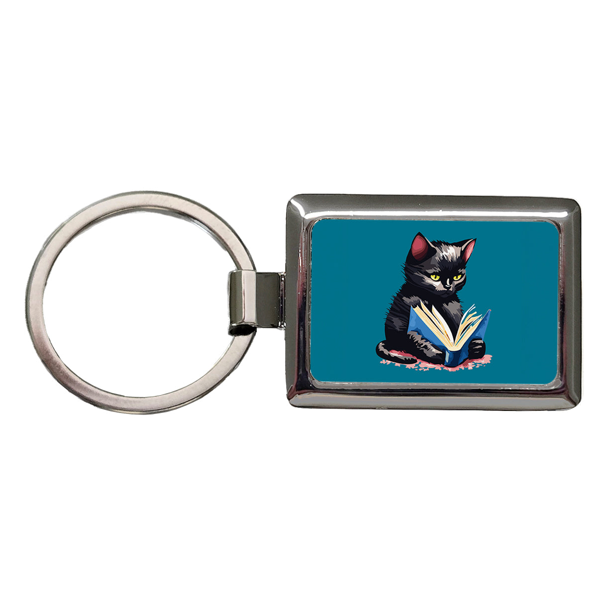 Cat Black Reading Book Reader Rectangle Metal Keychain