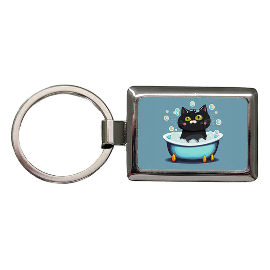 Cat Black Taking Bubble Bath Rectangle Metal Keychain
