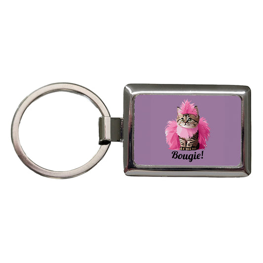 Cat Bougie Funny Pink Feather Boa Rectangle Metal Keychain