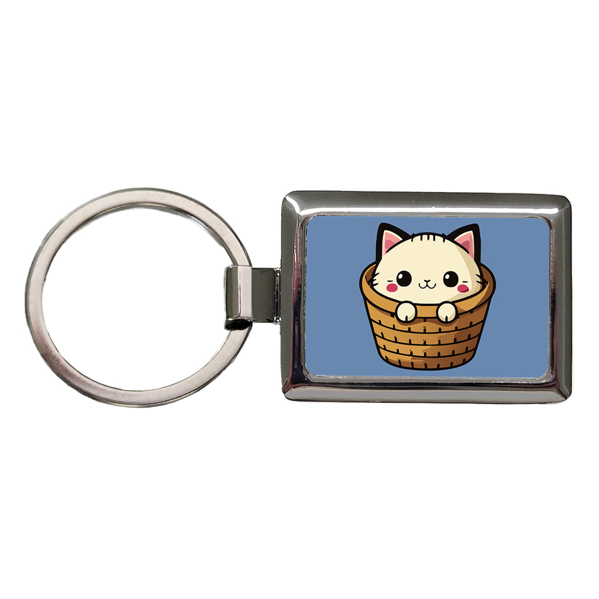 Cat Cute Chibi in Basket Rectangle Metal Keychain