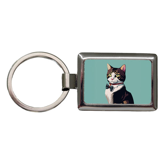 Cat Fancy with Bowtie Rectangle Metal Keychain