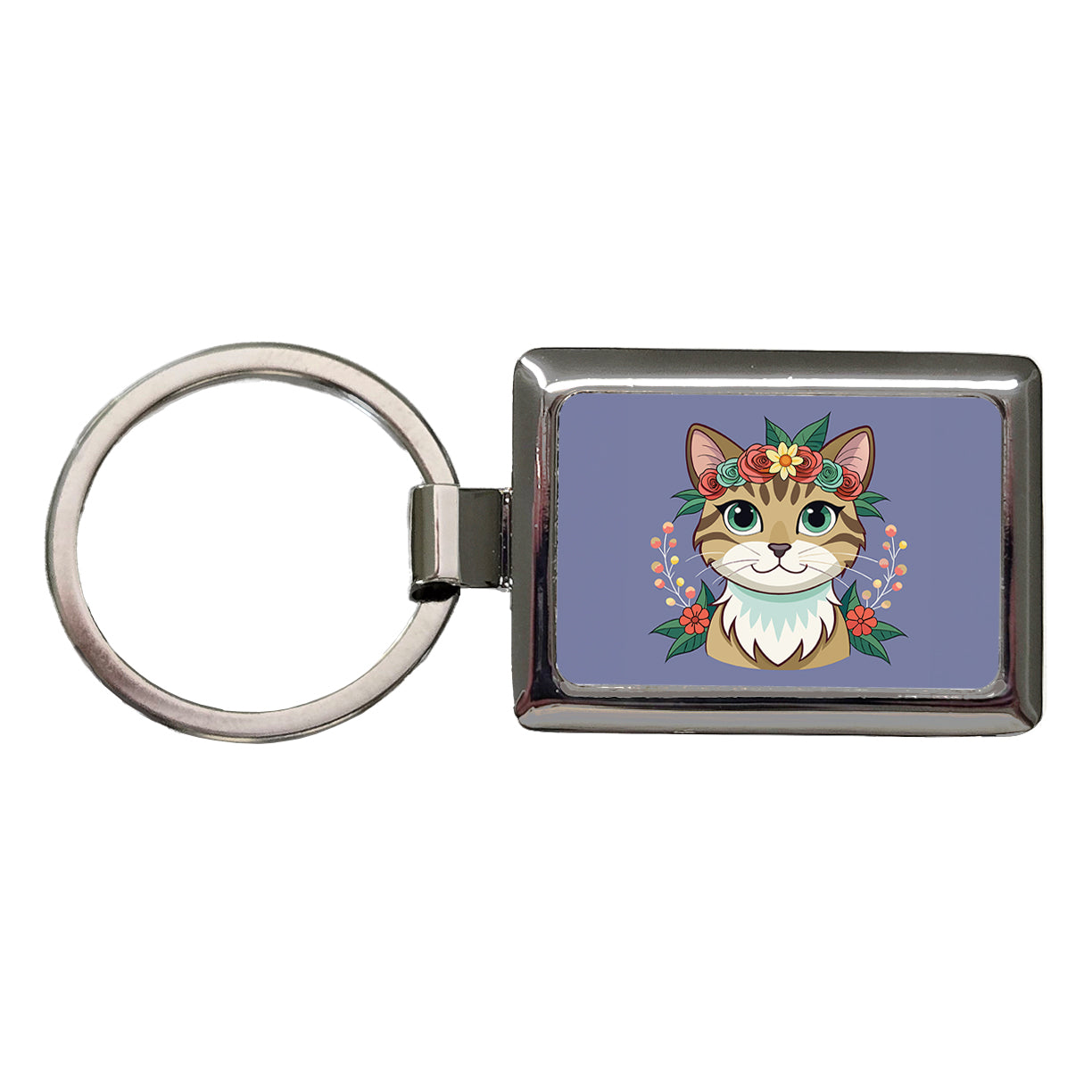 Cat Head Floral Flowers Rectangle Metal Keychain