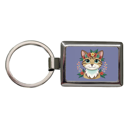 Cat Head Floral Flowers Rectangle Metal Keychain