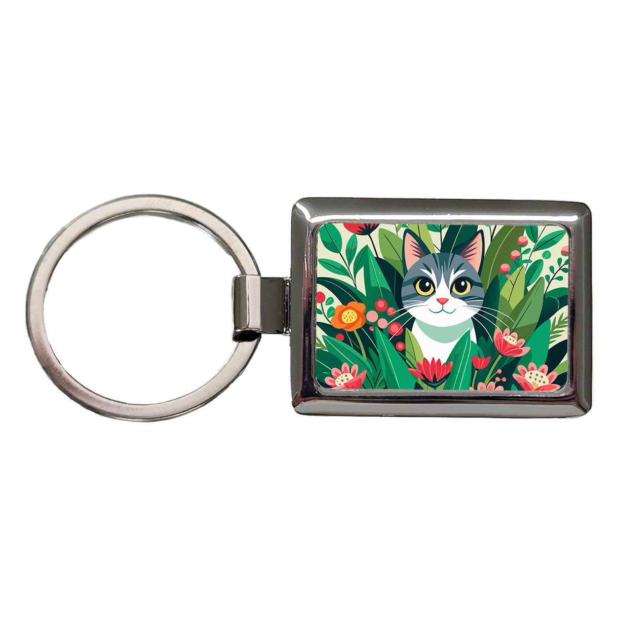 Cat Hiding in Flower Garden Rectangle Metal Keychain