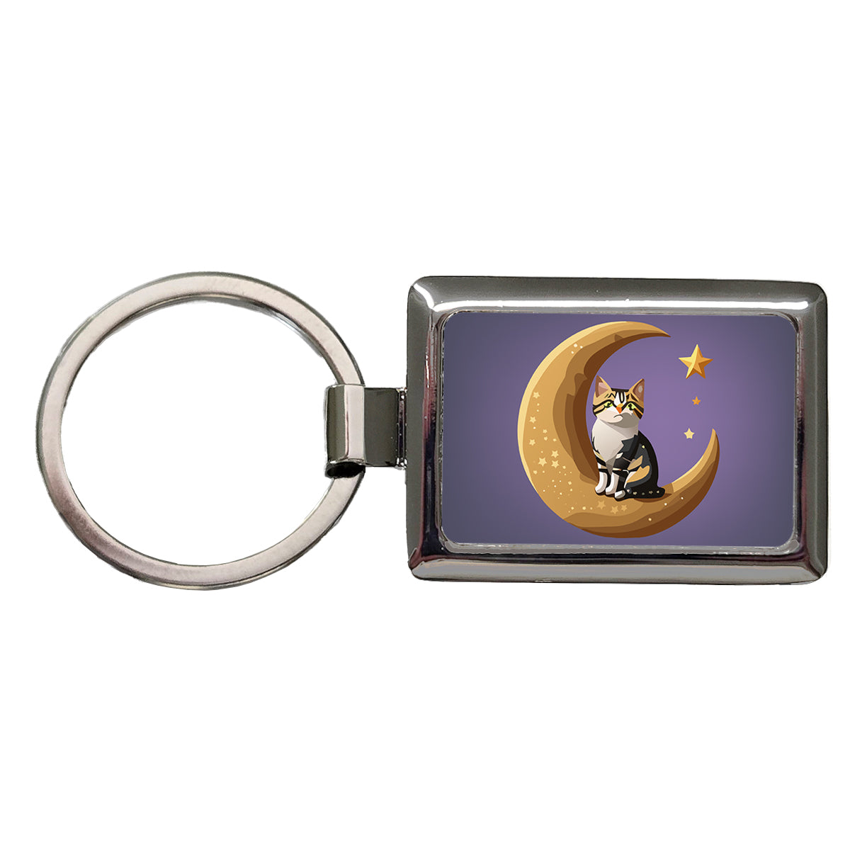 Cat on Crescent Moon Stars Cute Rectangle Metal Keychain