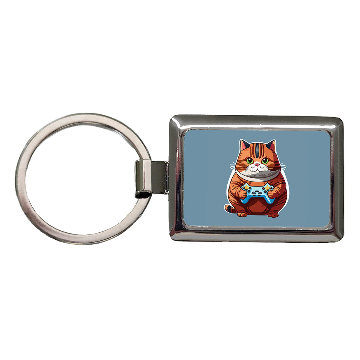 Cat Playing Game Gamer Gaming Chubby Rectangle Metal Keychain