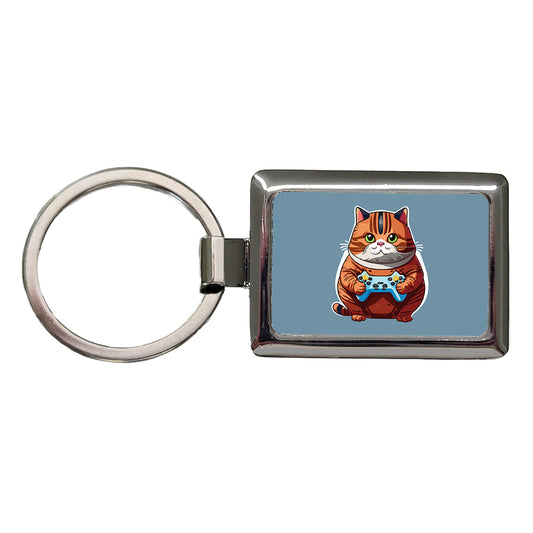Cat Playing Game Gamer Gaming Chubby Rectangle Metal Keychain