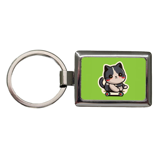 Cat Riding Skateboard Skater Kawaii Cute Rectangle Metal Keychain