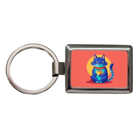 Cat Sipping Tea Rectangle Metal Keychain