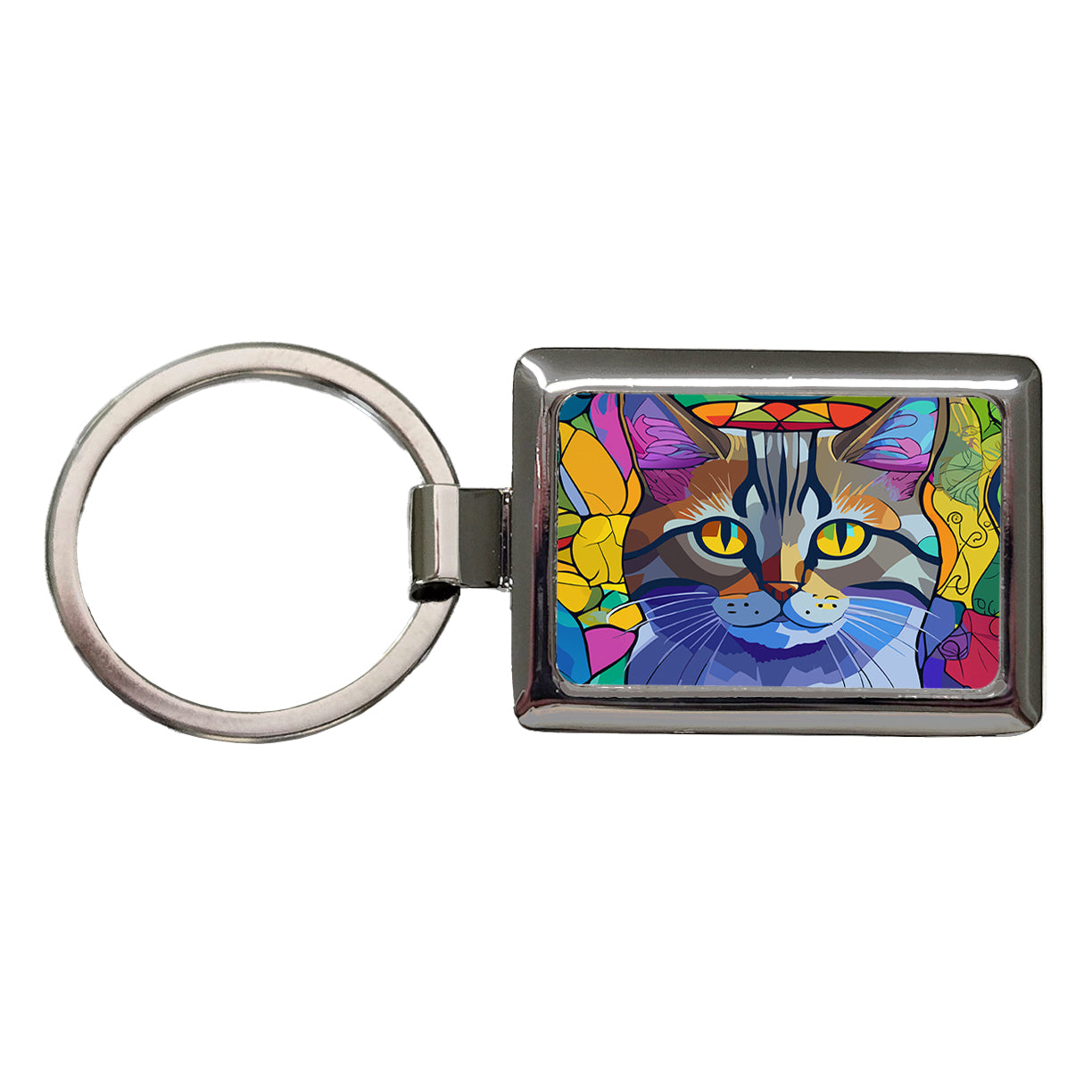 Cat Stained Glass Style Rectangle Metal Keychain