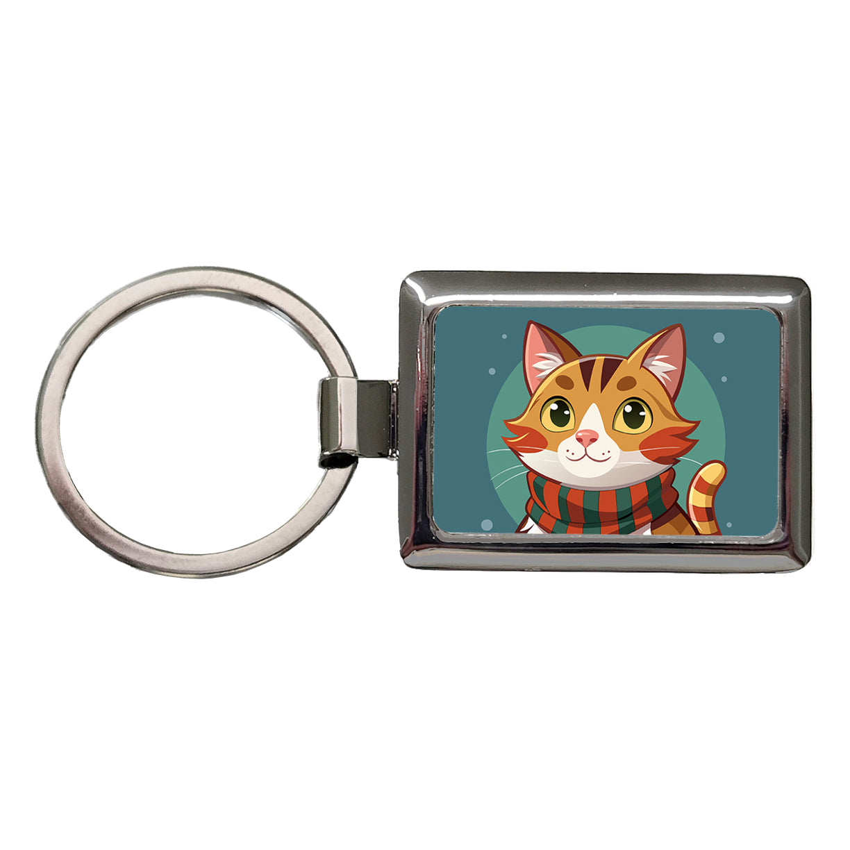 Cat Tabby Wearing Winter Scarf Rectangle Metal Keychain