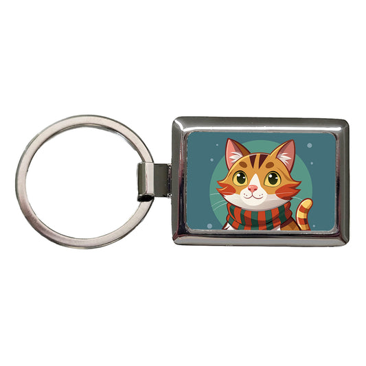 Cat Tabby Wearing Winter Scarf Rectangle Metal Keychain