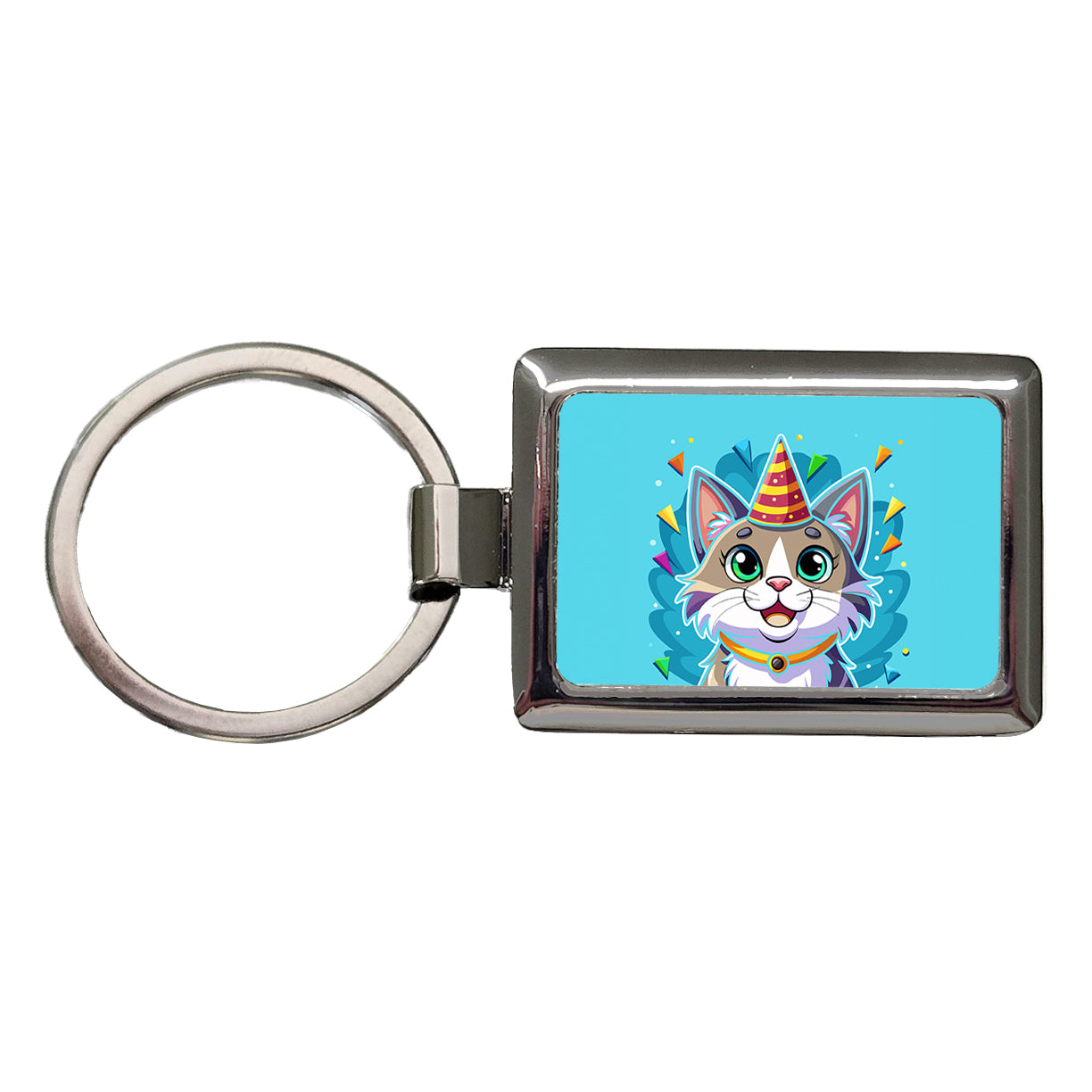 Cat Wearing Birthday Hat Rectangle Metal Keychain
