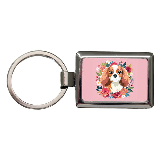 Cavalier King Charles Spaniel Dog Pink Floral Flowers Rectangle Metal Keychain