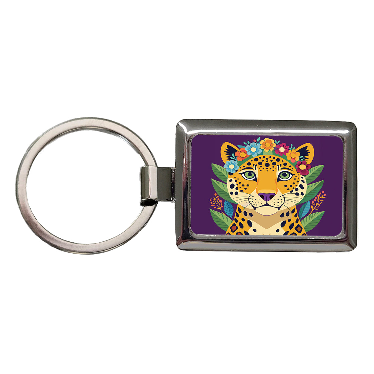 Cheetah Head Floral Flowers Rectangle Metal Keychain