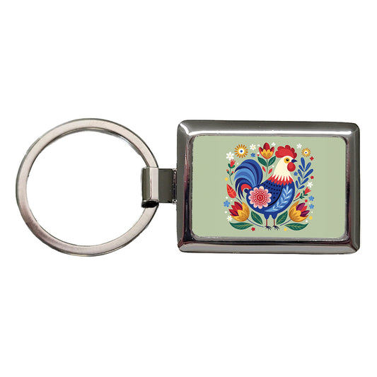 Chicken Rooster Floral Flowers Rectangle Metal Keychain