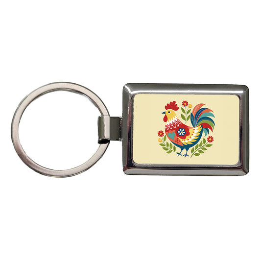Chicken Rooster Flowers Rectangle Metal Keychain