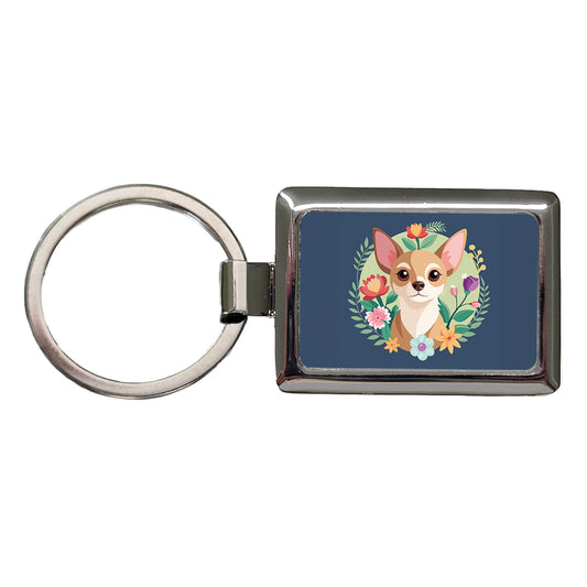 Chihuahua Dog Floral Flowers Rectangle Metal Keychain