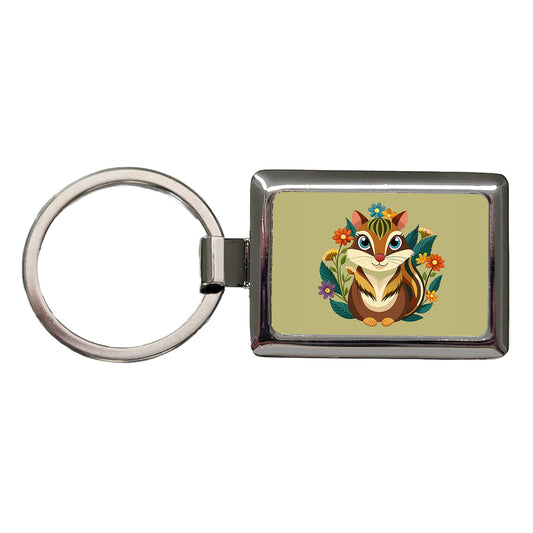 Chipmunk Floral Flowers Rectangle Metal Keychain