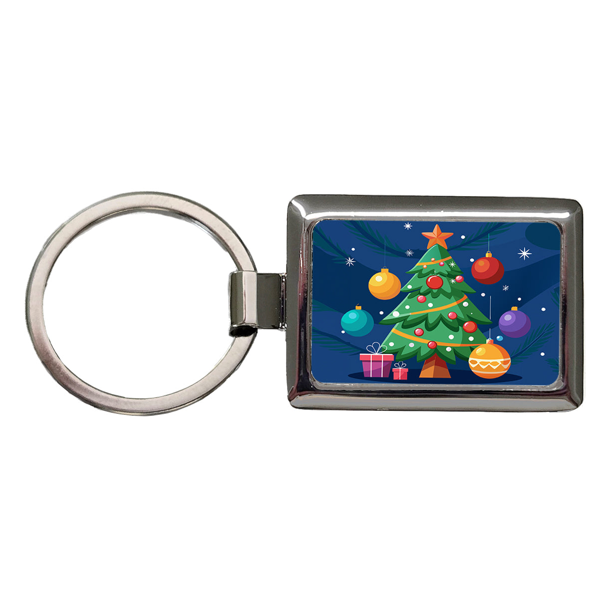Christmas Tree and Ornaments Modern Rectangle Metal Keychain