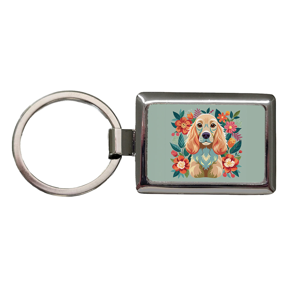Cocker Spaniel Dog Floral Flowers Rectangle Metal Keychain
