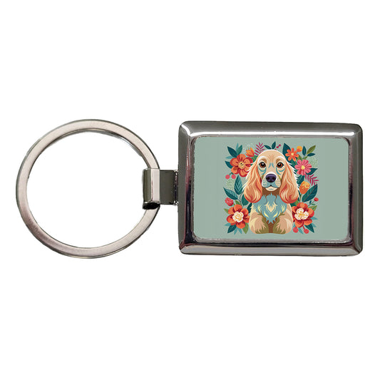 Cocker Spaniel Dog Floral Flowers Rectangle Metal Keychain