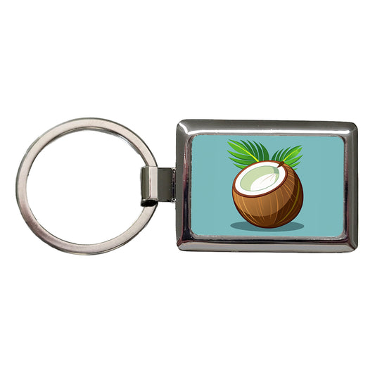 Coconut with Leaves Tropical Fruit Rectangle Metal Keychain