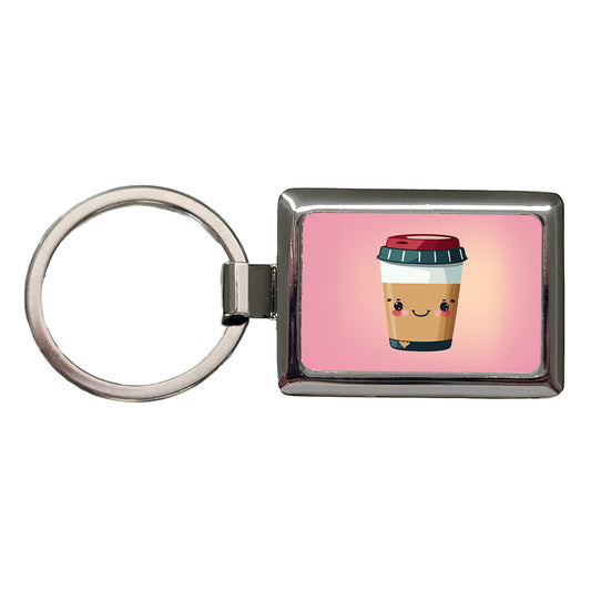 Coffee Travel Mug Smiling Rectangle Metal Keychain