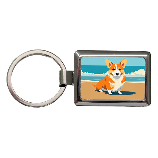 Corgi Dog on the Beach Ocean Rectangle Metal Keychain