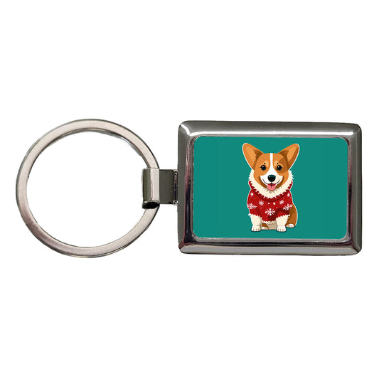 Corgi Wearing Christmas Sweater Rectangle Metal Keychain