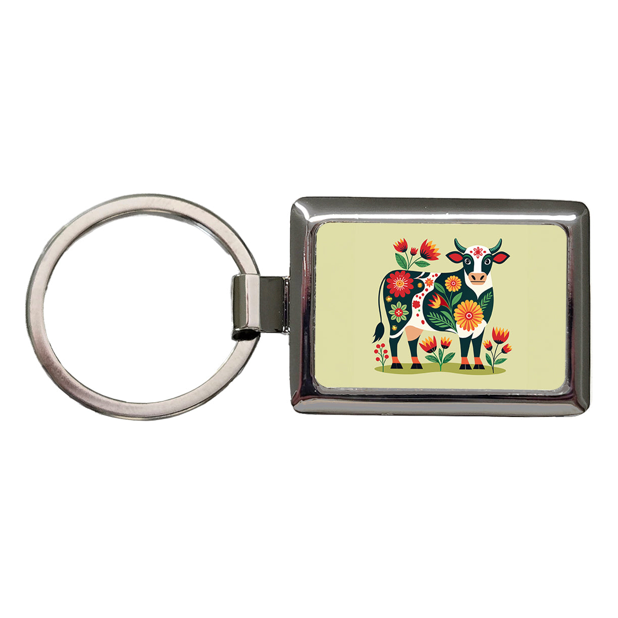 Cow Floral Motif Rectangle Metal Keychain