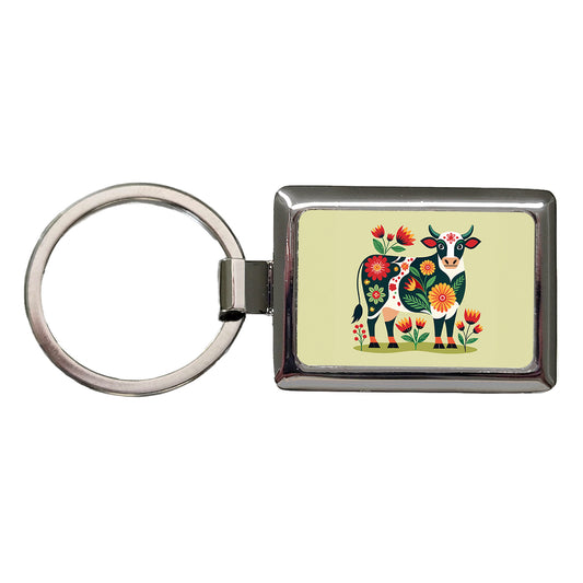 Cow Floral Motif Rectangle Metal Keychain