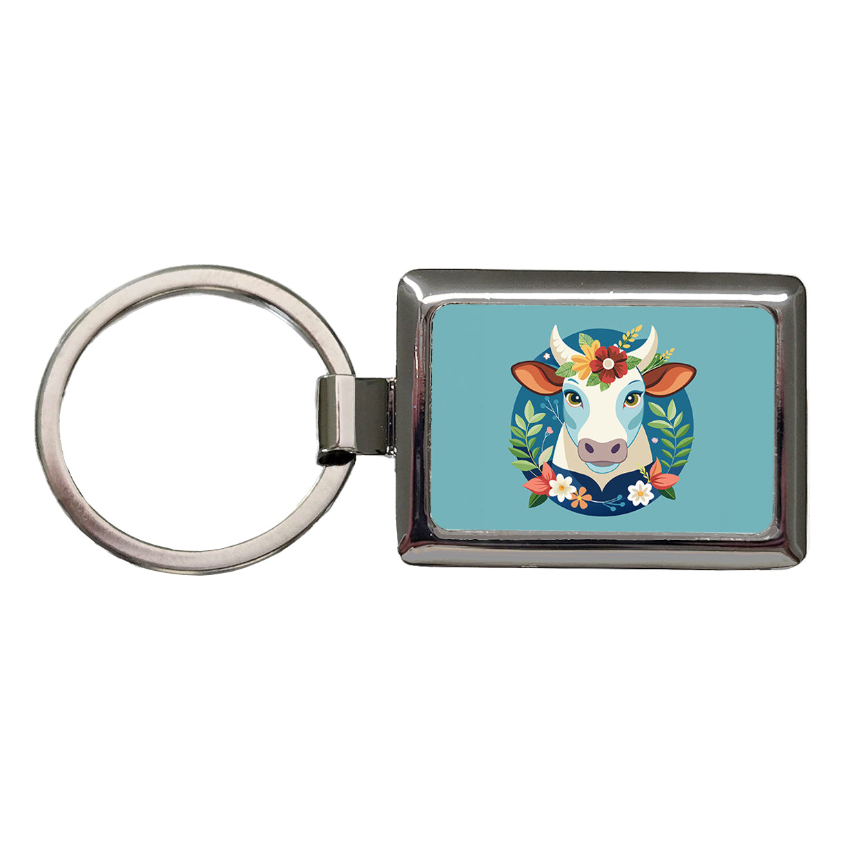 Cow Head Floral Flowers Rectangle Metal Keychain
