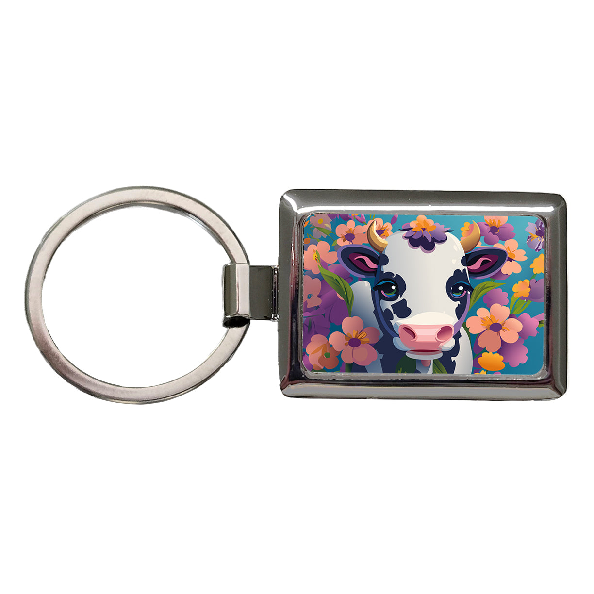 Cow with Flowers Rectangle Metal Keychain