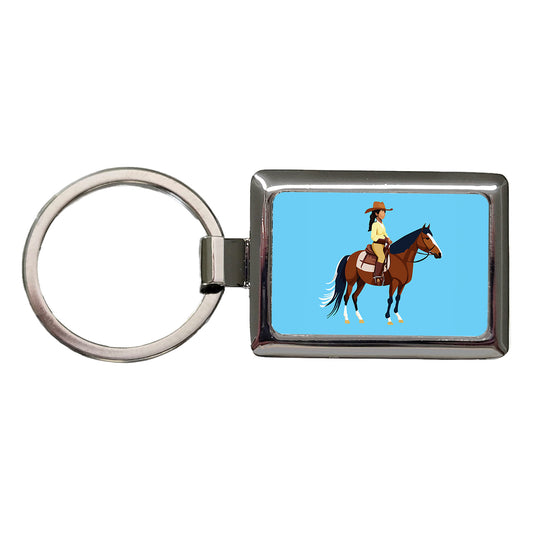 Cowgirl Woman on Horse Rectangle Metal Keychain