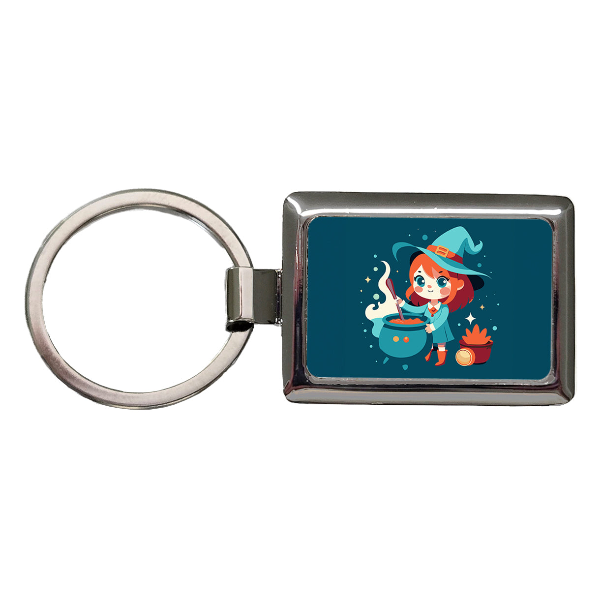 Cute Witch Stirring Cauldron Halloween Rectangle Metal Keychain