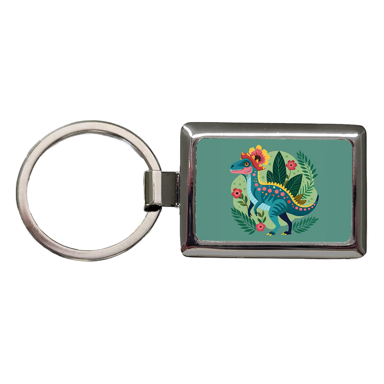 Dinosaur Floral Flowers Funny Rectangle Metal Keychain