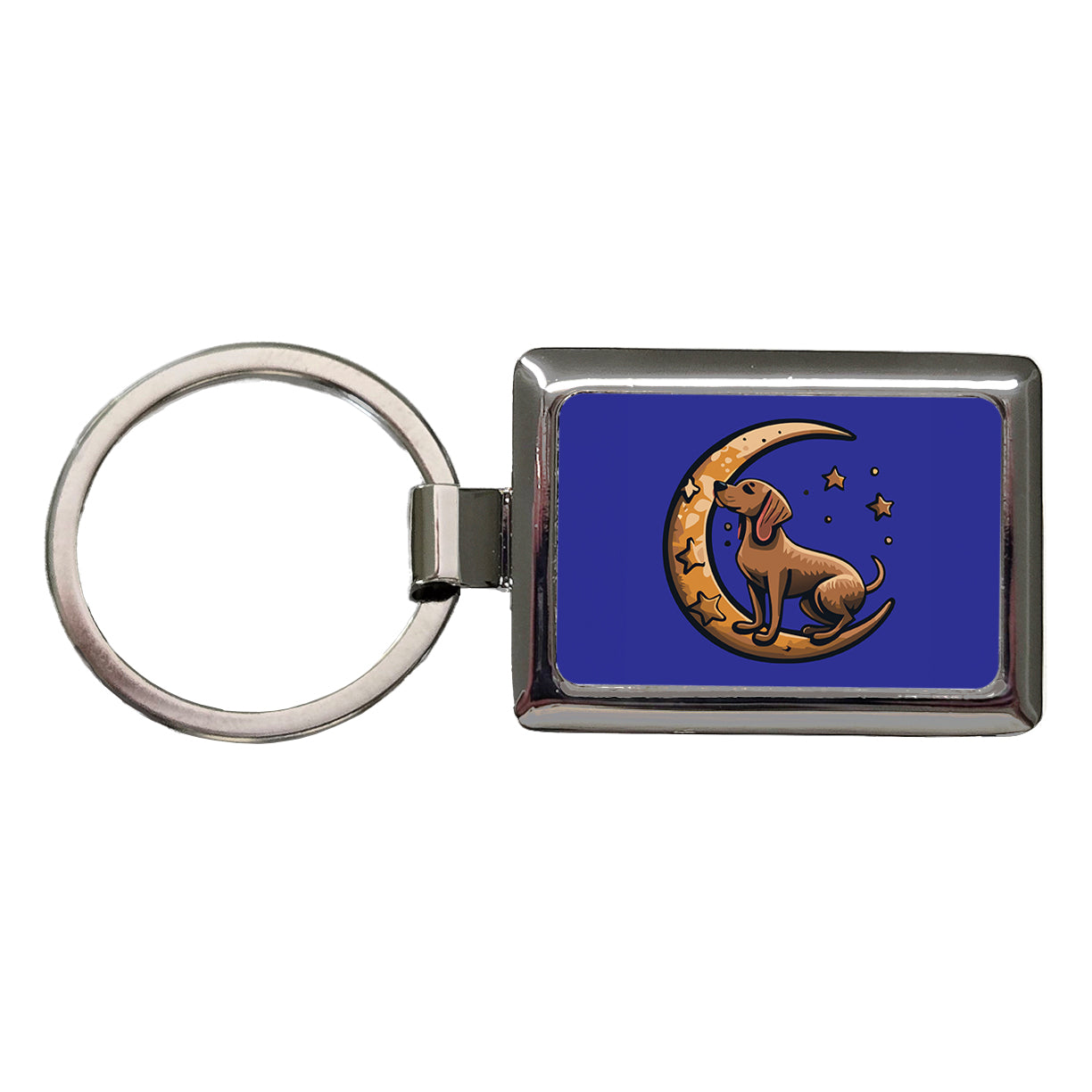 Dog on Crescent Moon Stars Cute Rectangle Metal Keychain