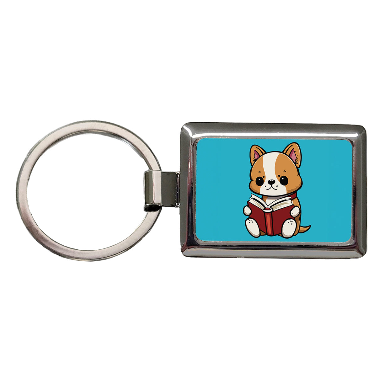 Dog Reading Book Rectangle Metal Keychain