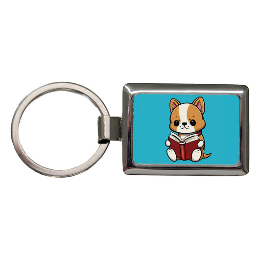 Dog Reading Book Rectangle Metal Keychain
